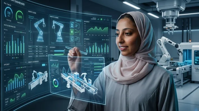 Arab Female Engineer Operating Smart Factory Hologram