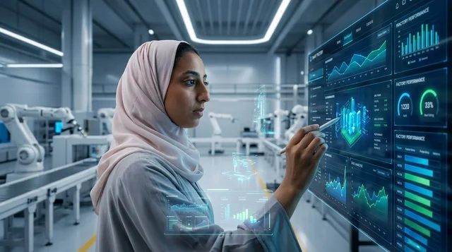 مهندسة عربية تستخدم شاشة ذكية في مصنع مستقبلي