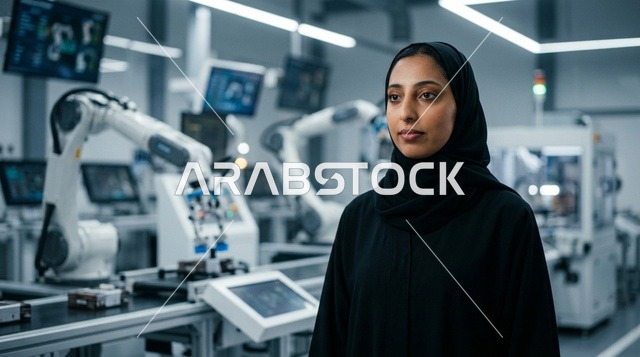 مهندسة عربية سعودية بالحجاب في مختبر الروبوتات الحديث