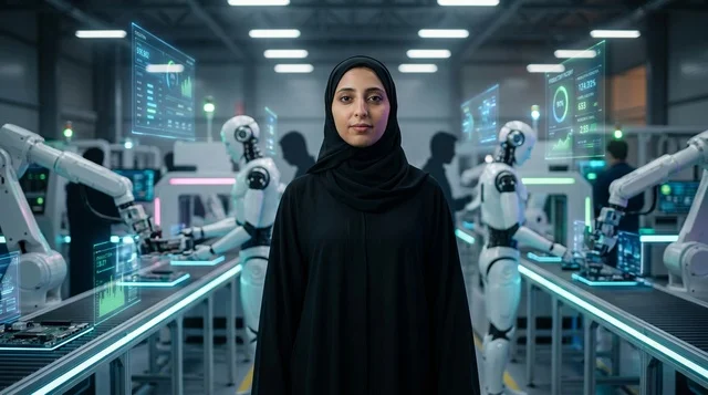 Arab Woman in Futuristic Smart Factory with Robots