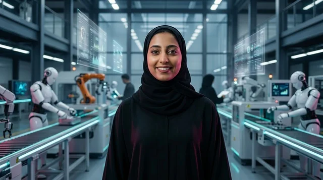 Arab Woman in Futuristic Automated Factory with Robots
