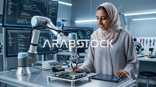 مهندسة عربية تعمل مع ذراع آلي في المختبر