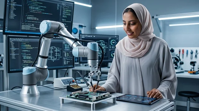 مهندسة عربية تعمل مع ذراع آلي في المختبر
