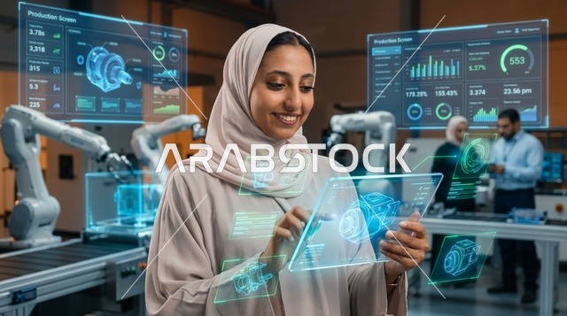 مهندسة عربية في مصنع ذكي تستخدم لوحاً رقمياً