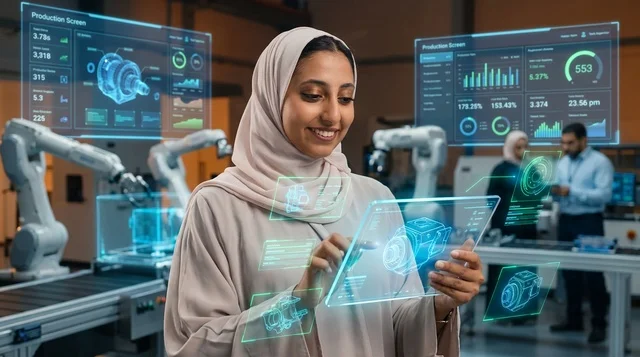 Arab Female Engineer in Smart Factory with Digital Tablet