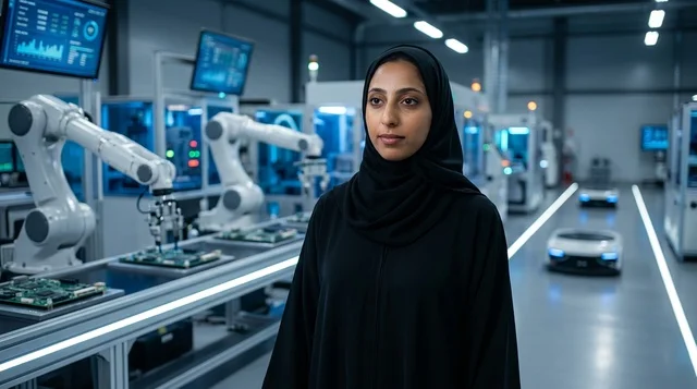 Arab Female Engineer in High-Tech Robotics Factory