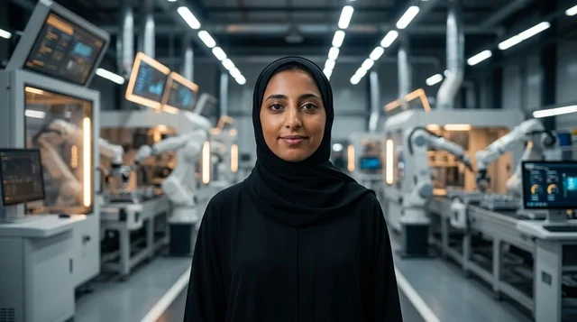مهندسة عربية محجبة داخل مصنع ذكي مؤتمت متطور بالروبوتات