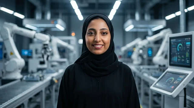 Arab Female Engineer Standing in Modern Robotic Factory