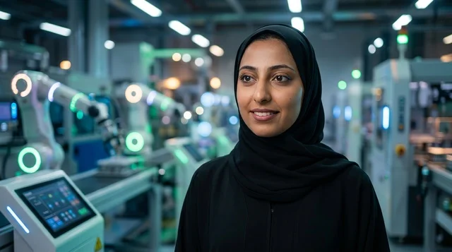 مهندسة عربية سعودية داخل مصنع آلي حديث متطور
