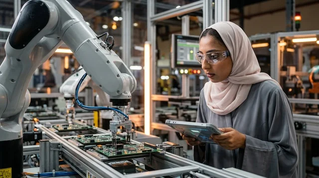 مهندسة عربية تراقب الأتمتة والروبوتات في مصنع حديث