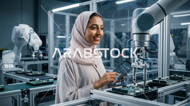 Arab Female Engineer with Robotics in Factory