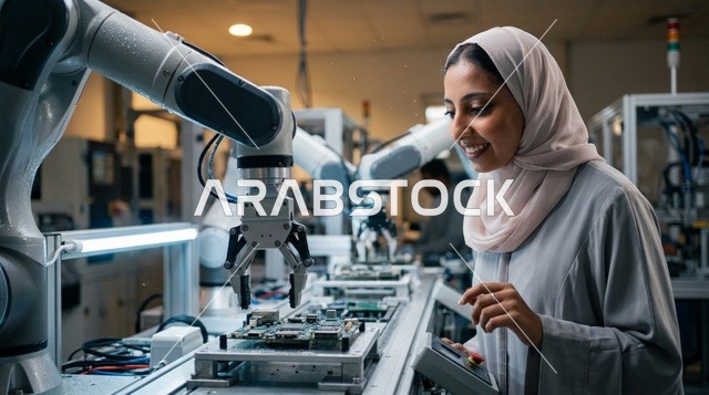 مهندسة عربية تشغل ذراع روبوتية في مصنع حديث