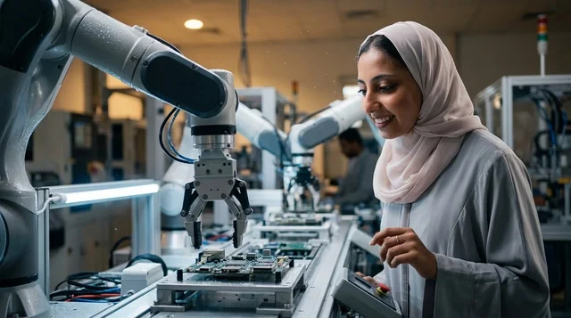 مهندسة عربية تشغل ذراع روبوتية في مصنع حديث