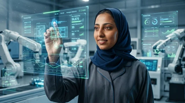 مهندسة عربية في مصنع ذكي تتفاعل مع واجهة هولوغرامية