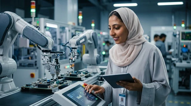 مهندسة عربية تتحكم في خط إنتاج آلي بمصنع حديث