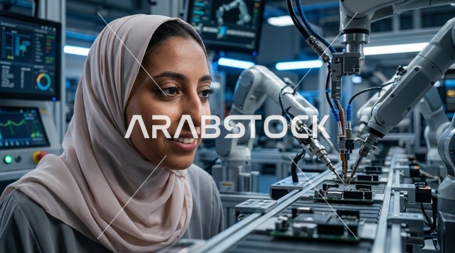 مهندسة عربية بالحجاب تراقب الأذرع الآلية في المصنع