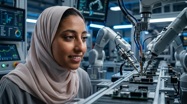 مهندسة عربية بالحجاب تراقب الأذرع الآلية في المصنع