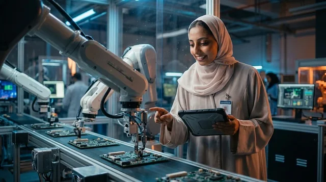 مهندسة عربية تتحكم في روبوتات المصنع الآلية