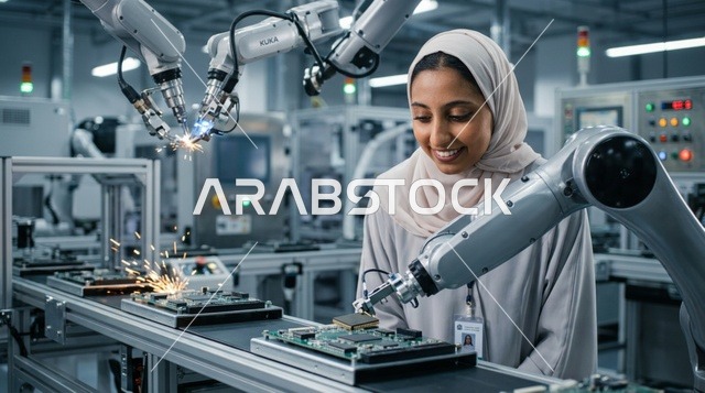 مهندسة عربية تعمل مع الأذرع الروبوتية في المصنع