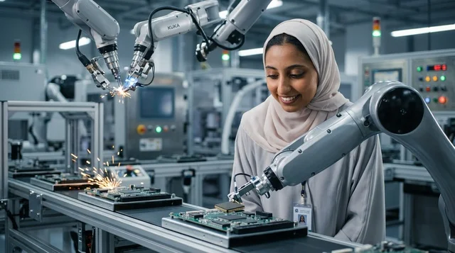 مهندسة عربية تعمل مع الأذرع الروبوتية في المصنع
