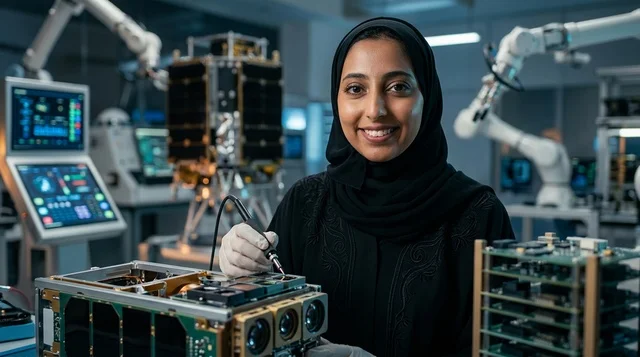 مهندسة فضاء عربية في مختبر تقني عالي الحداثة