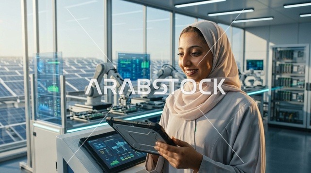مهندسة عربية داخل غرفة التحكم بمحطة الطاقة الشمسية