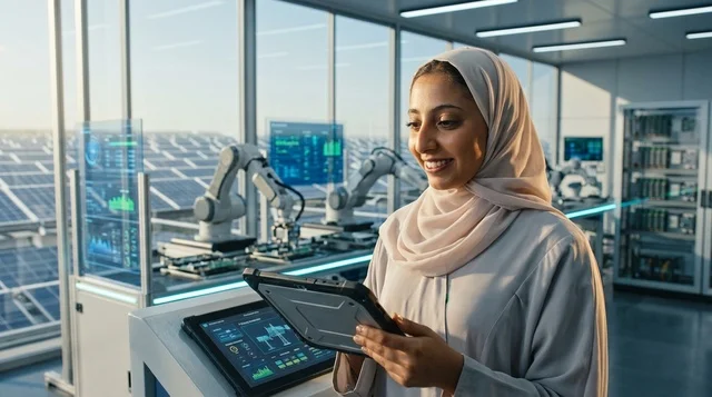 مهندسة عربية داخل غرفة التحكم بمحطة الطاقة الشمسية