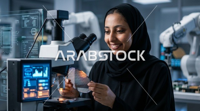 عالمة عربية تستخدم المجهر في مختبر تقني عالي الدقة