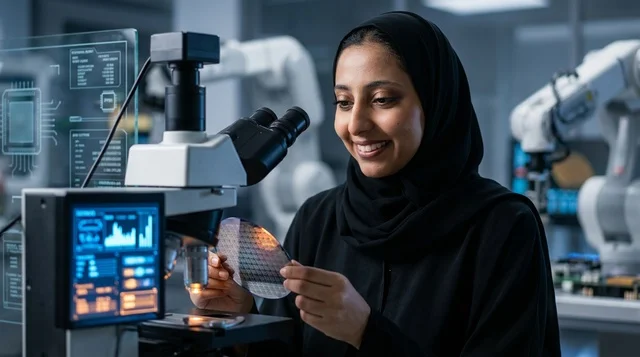 عالمة عربية تستخدم المجهر في مختبر تقني عالي الدقة