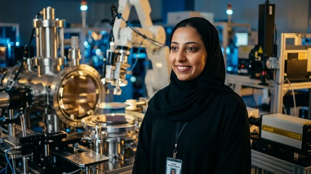 عالمة سعودية مبتسمة داخل مختبر روبوتات وتقنية عالية