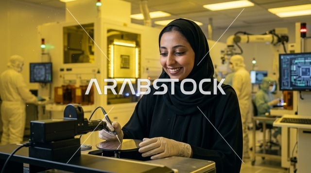 مهندسة عربية تعمل على رقاقة السيليكون في مختبر