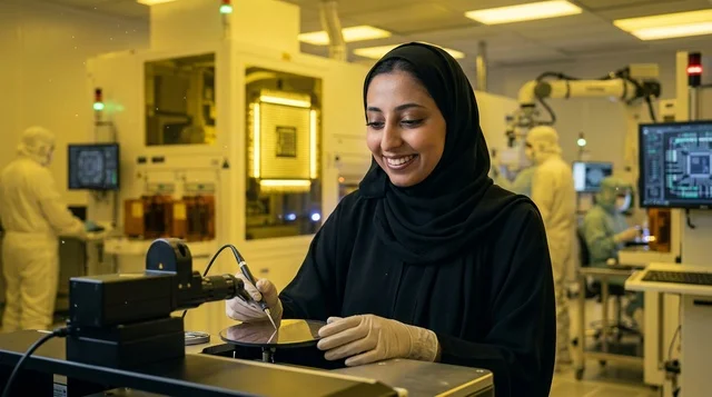 مهندسة عربية تعمل على رقاقة السيليكون في مختبر