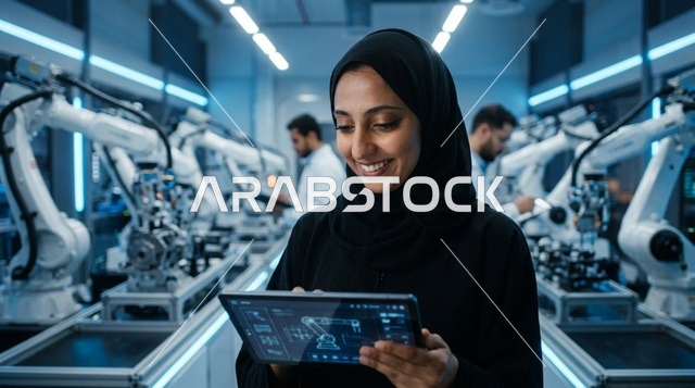 مهندسة عربية تستخدم جهاز لوحي في مختبر روبوتات حديث