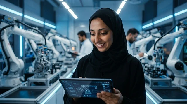 مهندسة عربية تستخدم جهاز لوحي في مختبر روبوتات حديث
