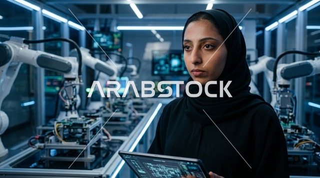 مهندسة عربية في مختبر روبوتات وتكنولوجيا حديثة