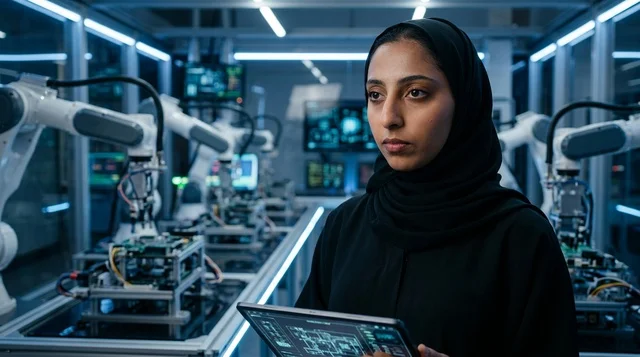 Arab Female Engineer in High Tech Robotics Laboratory