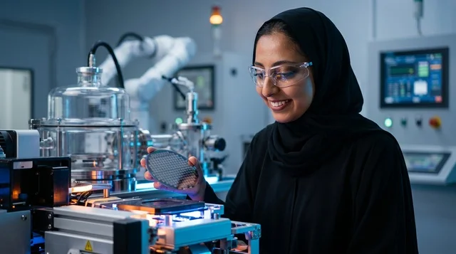 عالمة عربية محجبة تحمل رقاقة سيليكون في مختبر تقني متطور
