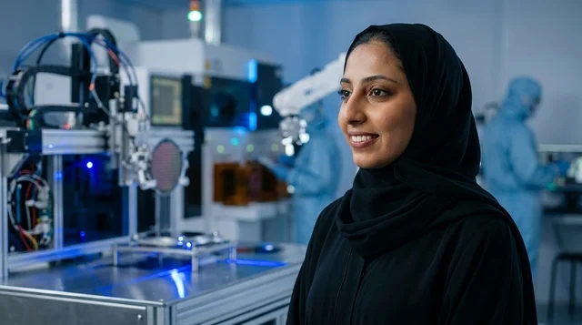 عالمة عربية ترتدي الحجاب في مختبر أبحاث تكنولوجي حديث
