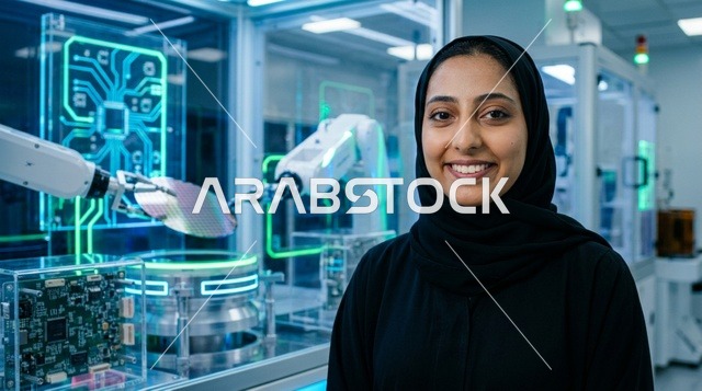 مهندسة عربية بالحجاب في مختبر روبوتات وأشباه موصلات