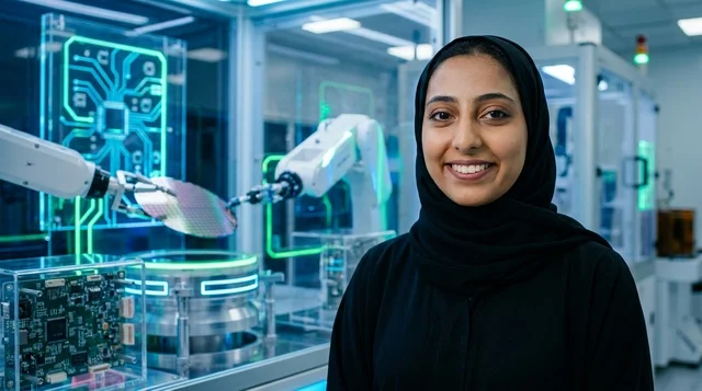 مهندسة عربية بالحجاب في مختبر روبوتات وأشباه موصلات