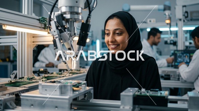 مهندسة عربية تعمل في مختبر الروبوتات والذكاء الاصطناعي