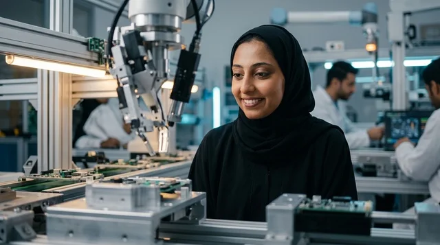مهندسة عربية تعمل في مختبر الروبوتات والذكاء الاصطناعي