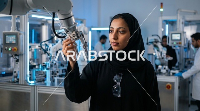 Arab Female Engineer Working with Robotics in Modern Lab
