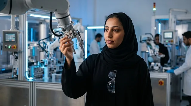 Arab Female Engineer Working with Robotics in Modern Lab