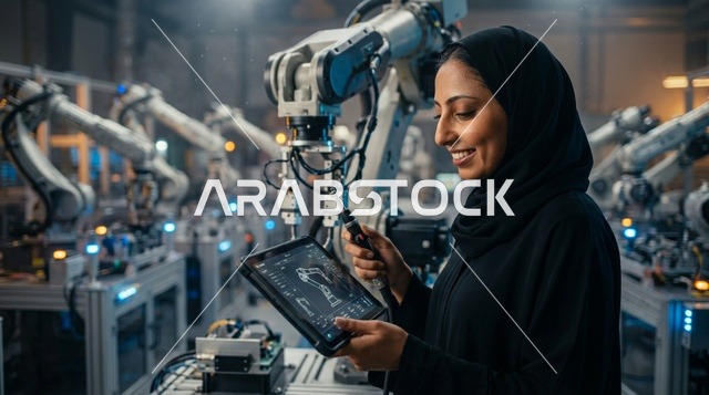مهندسة عربية محجبة تشغل ذراع روبوتية في مصنع ذكي حديث