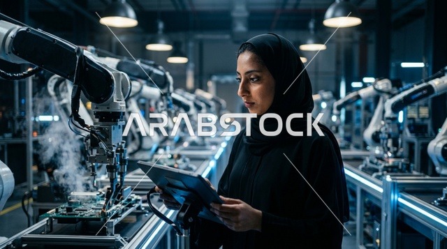 مهندسة عربية تستخدم لوحا رقميا في مصنع روبوتات ذكي