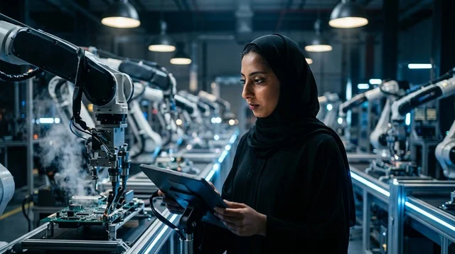 Arab Female Engineer in Automated Robotic Smart Factory