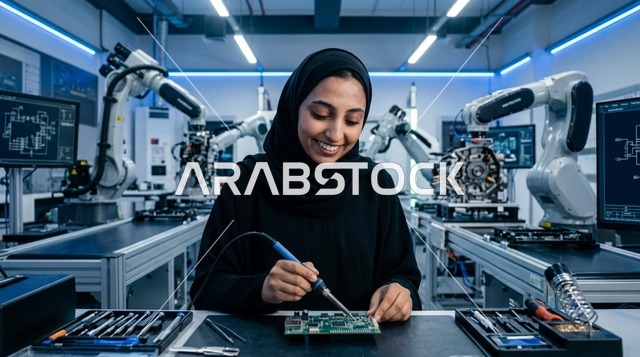 مهندسة عربية تقوم بلحام لوحة دوائر في مختبر روبوتات