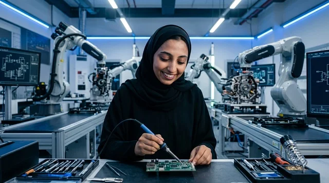 مهندسة عربية تقوم بلحام لوحة دوائر في مختبر روبوتات