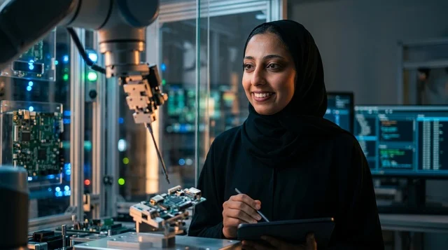 Arab Female Engineer in High Tech Robotics Lab